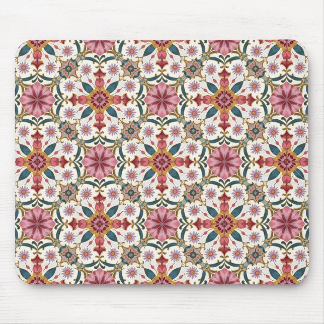 Mousepad Padrão Floral Boho em Vermelho, Rosa e Turquesa (Frente)