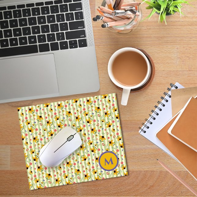 Mousepad Padrão Floral Borboleta Coneflower Monograma (Monogram Coneflower Butterfly Floral Patterned Mouse Pad)