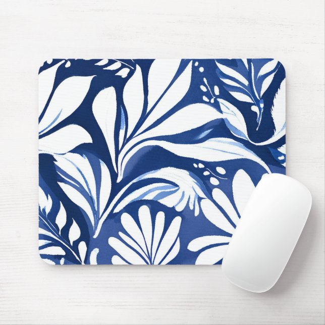 Mousepad Padrão Floral Botânico em Aquarela Azul (Com mouse)