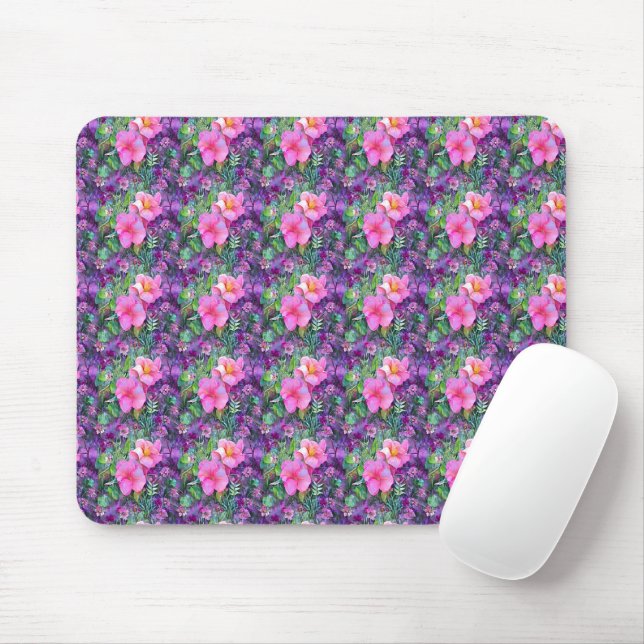 Mousepad Padrão floral botânico púrpura e rosa (Com mouse)