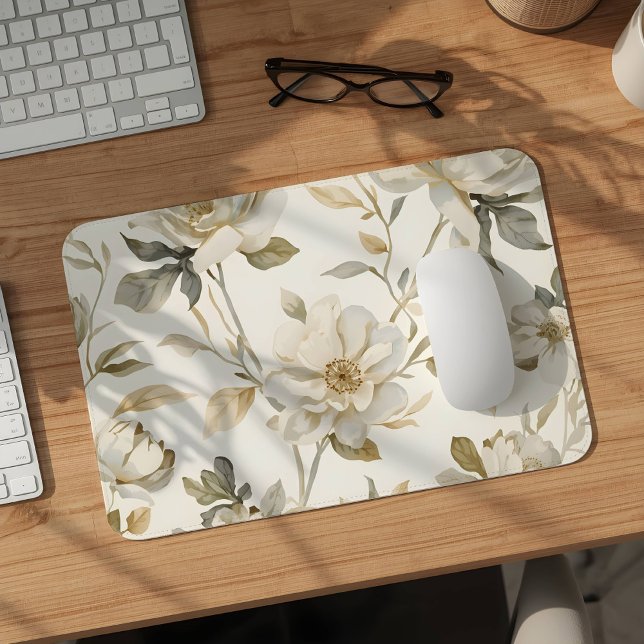 Mousepad Padrão Floral Branco em Aquarela Delicada (Criador carregado)