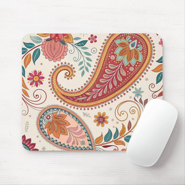 Mousepad Padrão Floral Branco Paisley Boho Vibrante (Com mouse)
