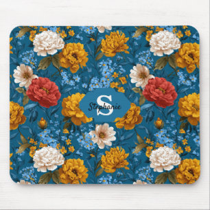 Mousepad Padrão Floral Colorido Rustic Vintage em Azul