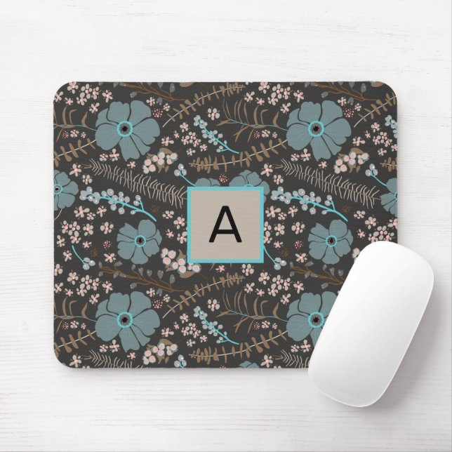 Mousepad Padrão Floral Cor-de-rosa da Cinza Teal Monograma (Com mouse)