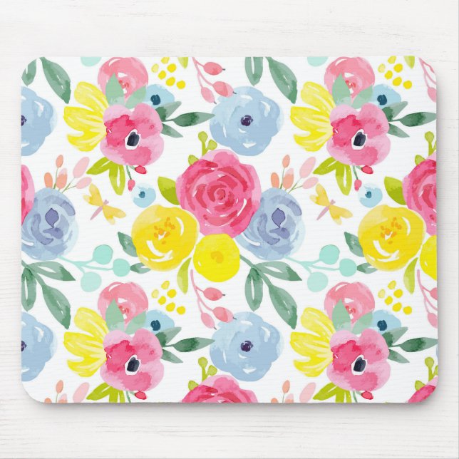Mousepad Padrão Floral de Coloração d'água Brilhante (Frente)