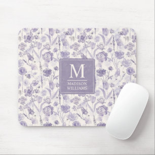 Mousepad Padrão Floral de Flores de Aguarela Roxo Lavanda