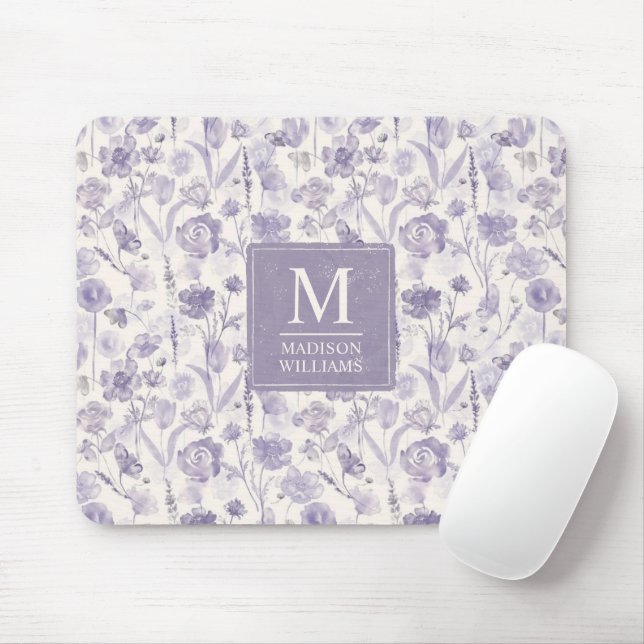 Mousepad Padrão Floral de Flores de Aguarela Roxo Lavanda (Com mouse)