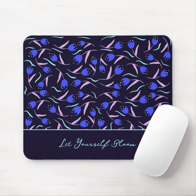 Mousepad Padrão Floral de Primavera em Fundo Azul Escuro (Com mouse)
