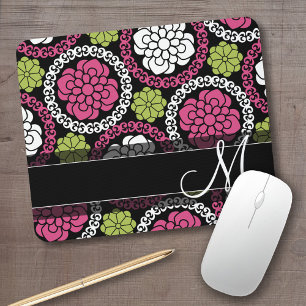 Mousepad Padrão Floral de Trendy Rosa Quente e Monograma Pr