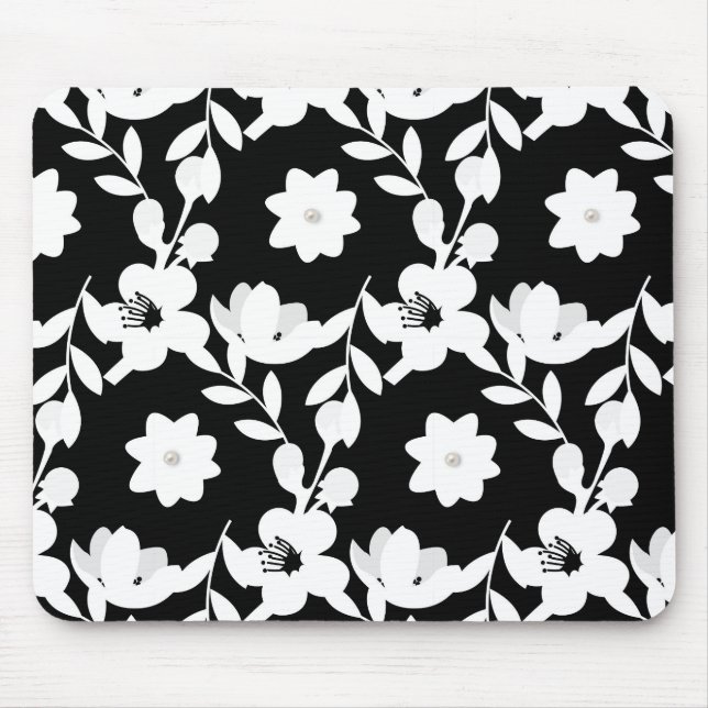 Mousepad Padrão floral do vetor preto e branco (Frente)