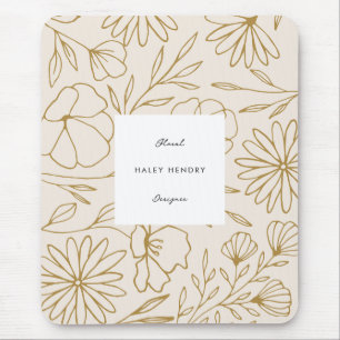 Mousepad Padrão Floral Minimalista Moderno Dourado e Rosa