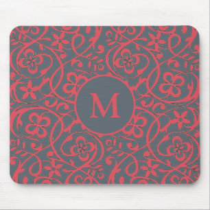 Mousepad Padrão Floral Ornamentado em Monograma Rosa e Cinz
