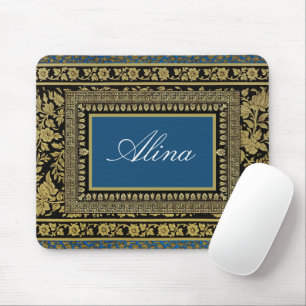 Mousepad Padrão Floral Preto, Dourado e Azul Editável