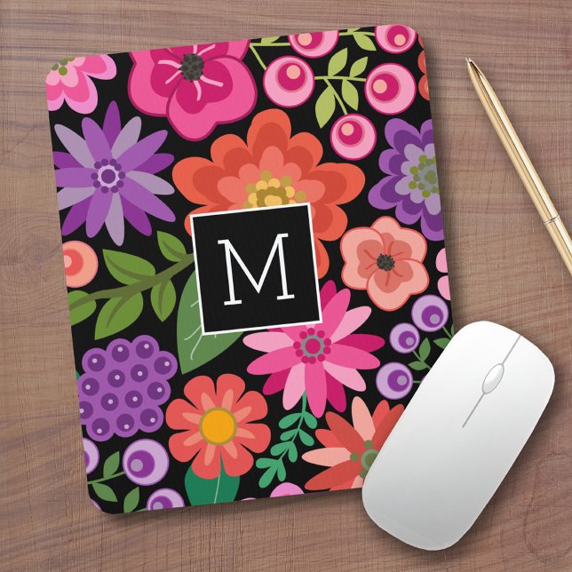 Mousepad Padrão Floral Preto Trendy com Monograma Personali (Custom Mouse Pad - Add Monogram to this colorful floral design)