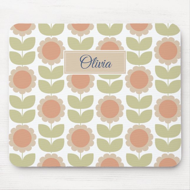 Mousepad Padrão Floral Retro Rosa Pastel Meados do Século (Frente)