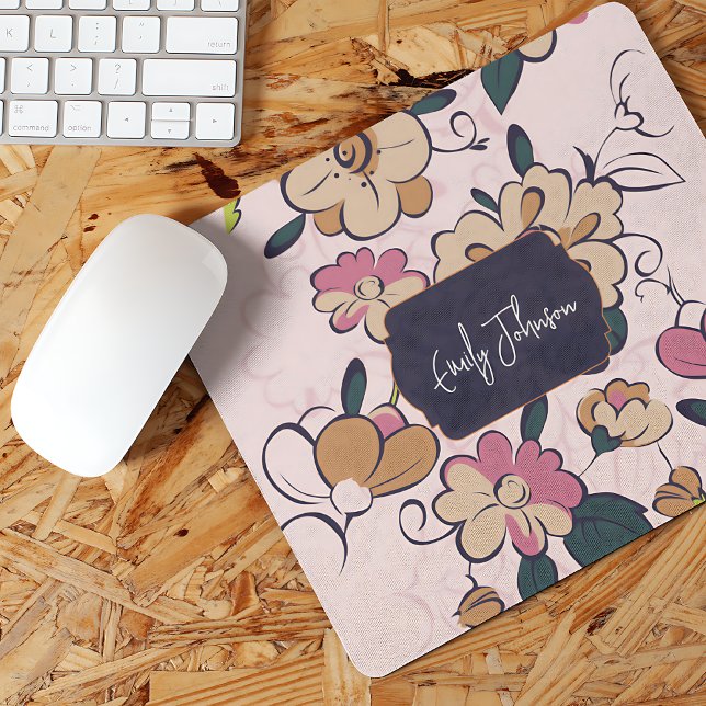 Mousepad Padrão Floral Rosa Macio Nome Personalizado Design (Pink Floral Soft Custom Name Pastel Flower Design Mouse Pad)