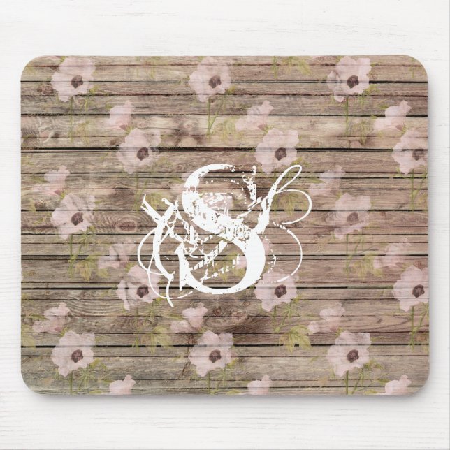 Mousepad Padrão Floral Rosa Shabby Chic em Madeira Monogram (Frente)