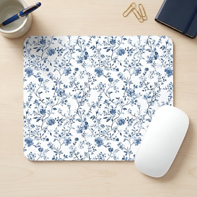 Mousepad Padrão Floral Toile Francês Azul Elegante (Elegant french blue toile - the perfect elegant touch for your office)