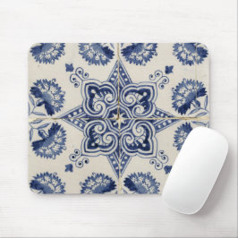 Mousepad Padrão Geométrico do Flor Branco Azul-Vintage