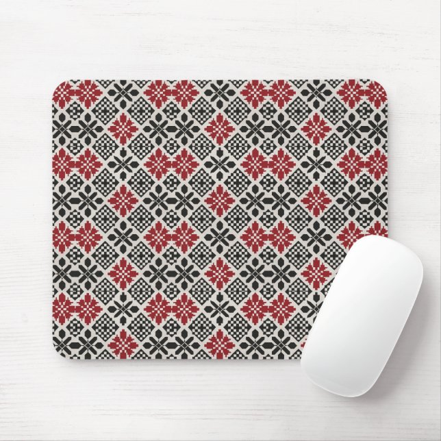 Mousepad Padrão Geométrico Folk Preto Vermelho (Com mouse)