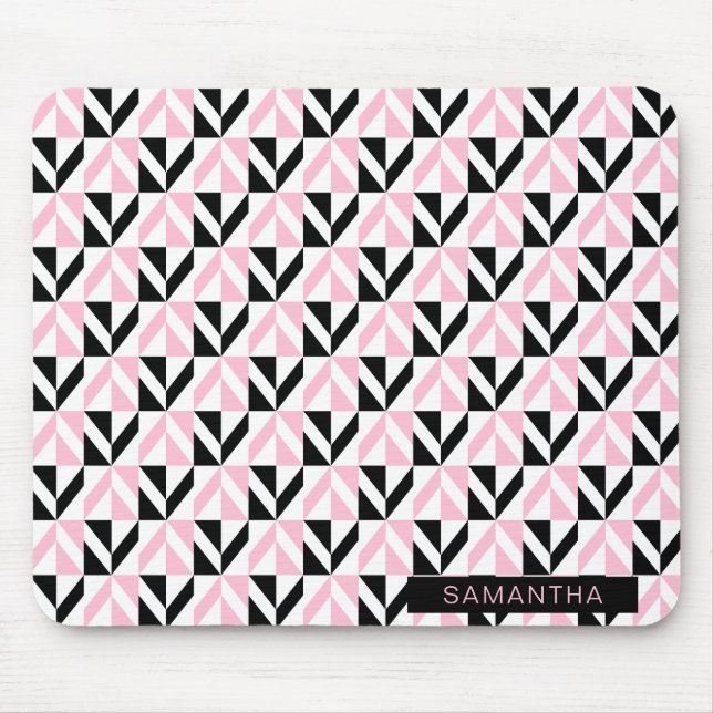 Mousepad Padrão Geométrico Preto, Branco e Rosa (Frente)