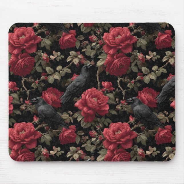 Mousepad Padrão Gótico com Rosas vermelhas e Corvos (Frente)