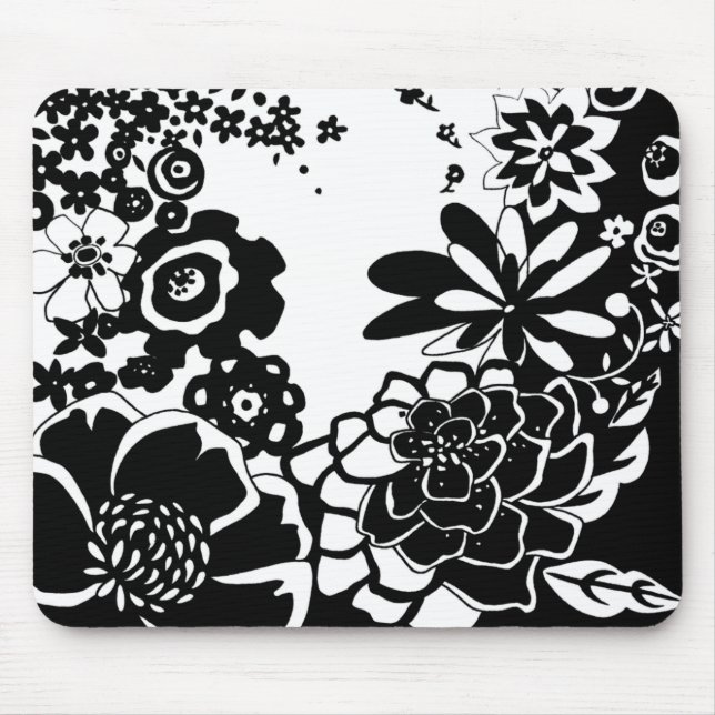 Mousepad Padrão Gráfico do Jardim Floral Negro e Branco (Frente)
