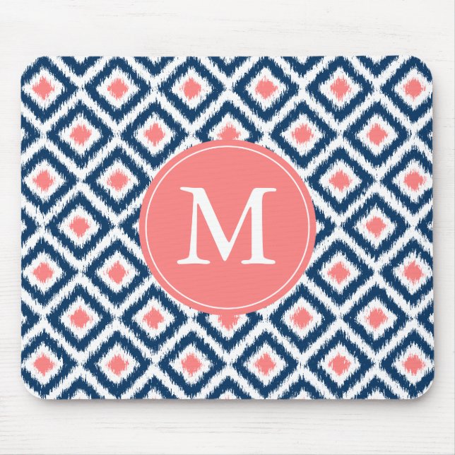Mousepad Padrão Ikat de Ouros Azuis Monogramas (Frente)