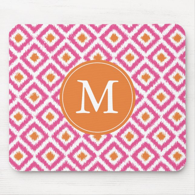 Mousepad Padrão Ikat de Ouros Rosa Monogramas (Frente)