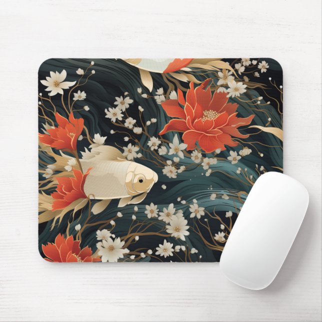 Mousepad Padrão Japonês de Peixes Koi Insoltos (Com mouse)