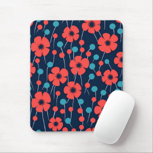 Mousepad Padrão marinho Azul Vermelho Poppy Impressão Flora