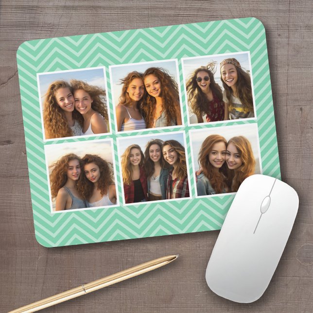Mousepad Padrão Mint Chevron com Colagem de Fotos Trendy 6 (Personalized mousepad - add your photos and custom text)