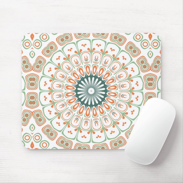 Mousepad Padrão Moderno de Mandala Laranja e Verde (Com mouse)