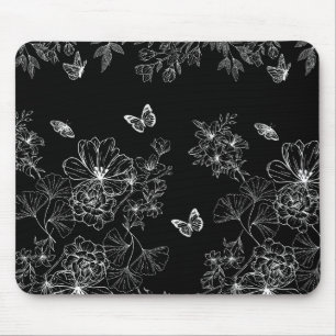 Mousepad Padrão natural floral preto e branco minimalista