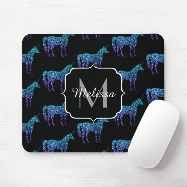 Mousepad Padrão ombre azul aqua brilho Unicórnio Monograma (Com mouse)