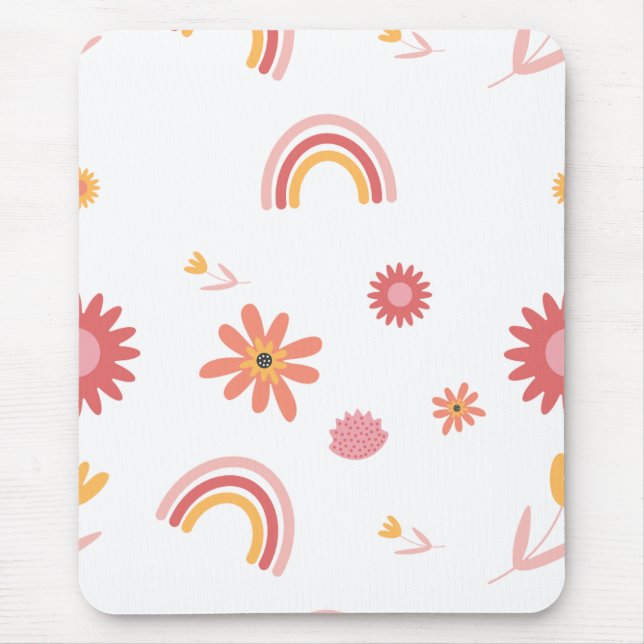 Mousepad Padrão Pastel Floral e Arco-íris Fofo (Frente)