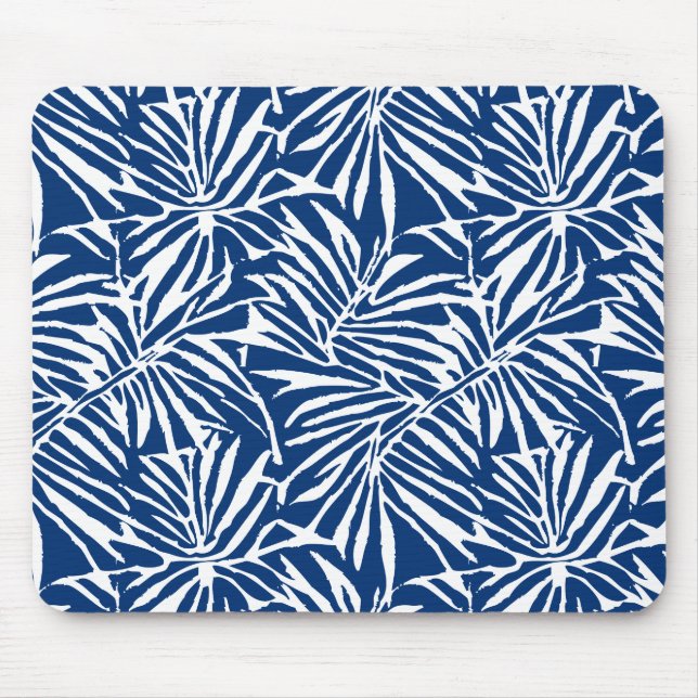 Mousepad Padrão Repetitivo De Folha Tropical Branca E Azul (Frente)