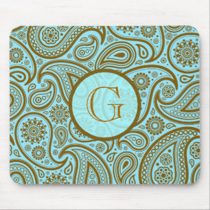 Mousepad Padrão Retroativo de Paisley Azul e Castanho Monog
