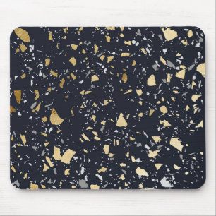 Mousepad Padrão Terrazzo Azul Marinho e Dourado Abstrato