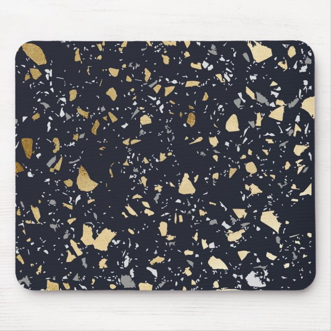Mousepad Padrão Terrazzo Azul Marinho e Dourado Abstrato (Frente)