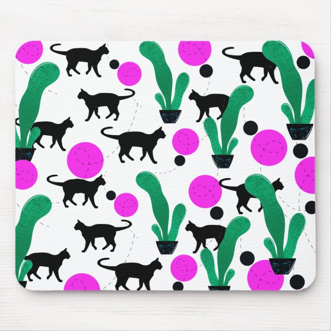 Mousepad Padrão Trendy Black Cat e Cactus (Frente)
