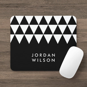 Mousepad Padrão Triangular Branco Minimalista Moderno Preto