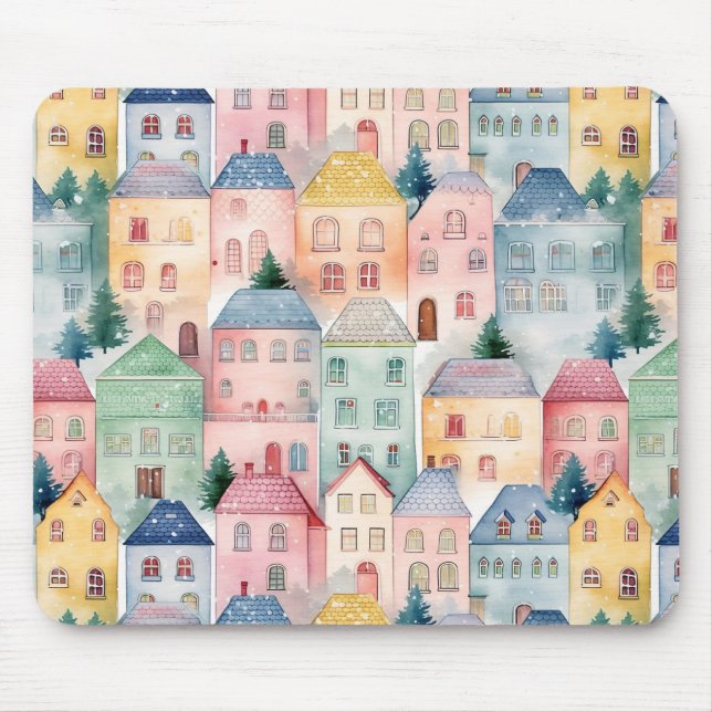 Mousepad Padrão uniforme de aquarela com casas (Frente)