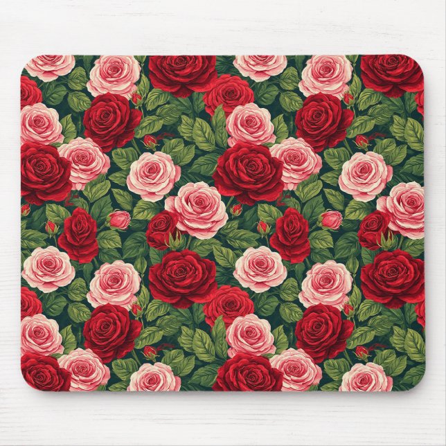 Mousepad Padrão Vibrante de Rosa com Rosas Vermelhas e Rosa (Frente)