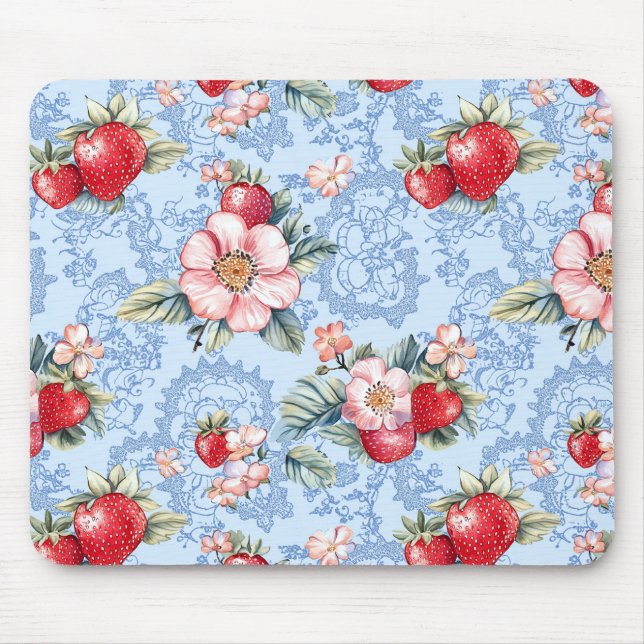 Mousepad Padrão Vintage Strawberry & Flowers (Frente)