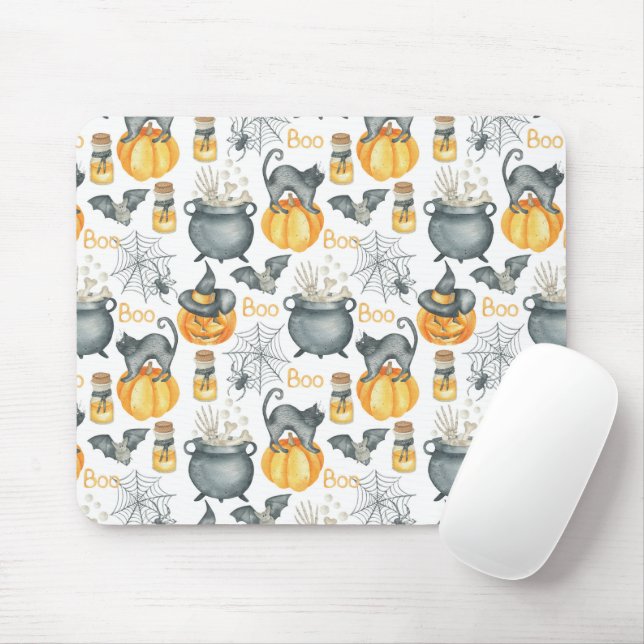 Mousepad Padrão Whimsical Halloween Cauldron and Cats (Com mouse)