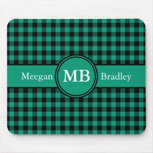 Mousepad Padrão Xadrez Verde Monograma Moderno (Frente)