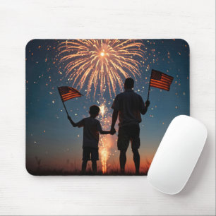Mousepad Padre e Filho Segurando Bandeiras Americanas