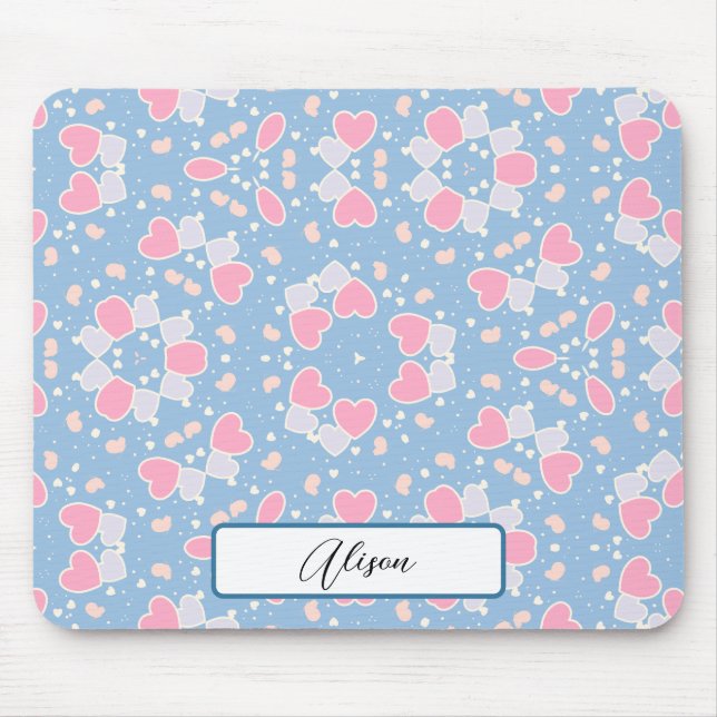 Mousepad Padrões de borboletas de corações azuis e seu nome (Frente)