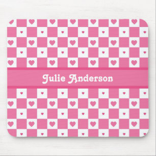 Mousepad Padrões de Coração Verificados - Rosa e Branco